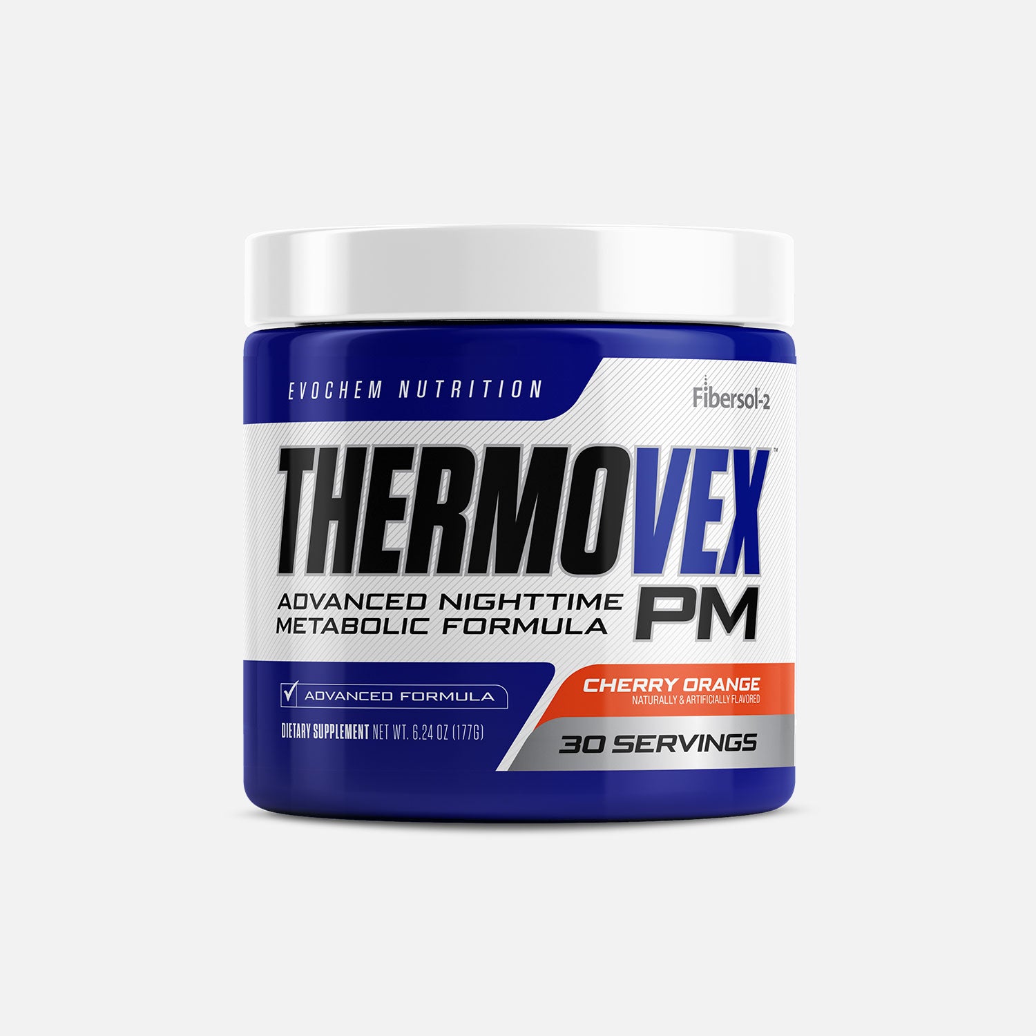 A container of Thermovex PM supplement by Evochem Nutrition, with cherry orange flavor, sugar-free nighttime metabolic formula, 30 servings.